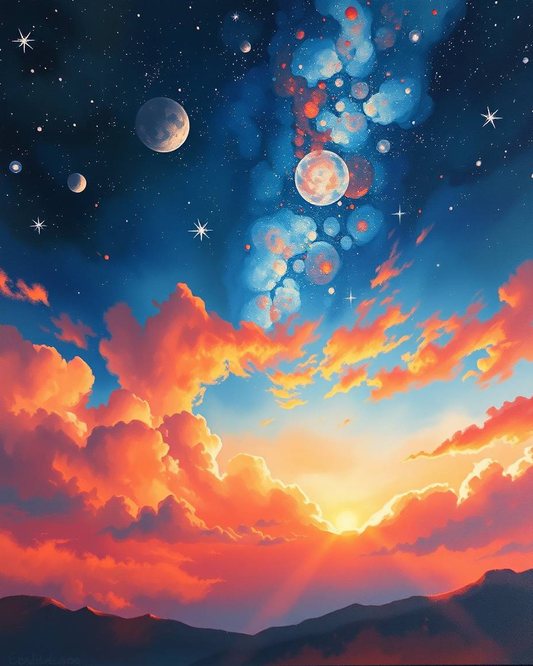 Colorful sky with clouds, stars, and celestial bodies