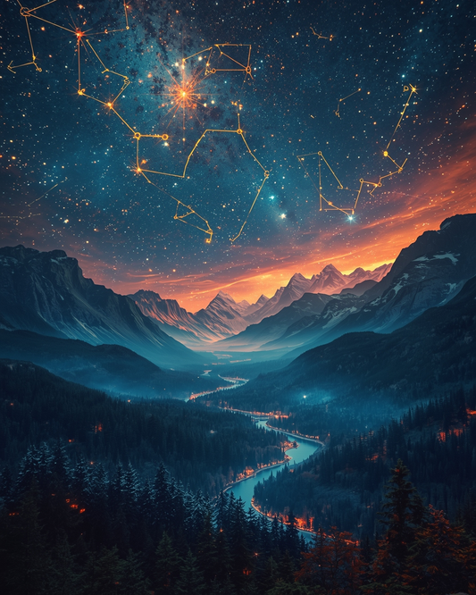 Mountain landscape with a starry night sky and constellations.