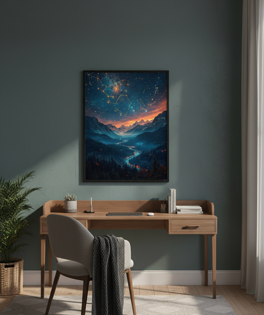 Modern home office with a desk, chair, and wall art of a mountain landscape.