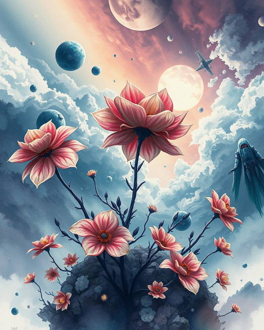 Fantasy scene with flowers, planets, and a spaceship in a cloudy sky.