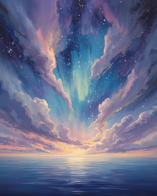 A surreal sky with clouds, stars, and a bright light over water