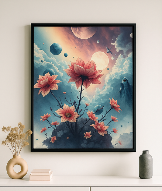Framed artwork with pink flowers and celestial elements on a wall above a shelf.