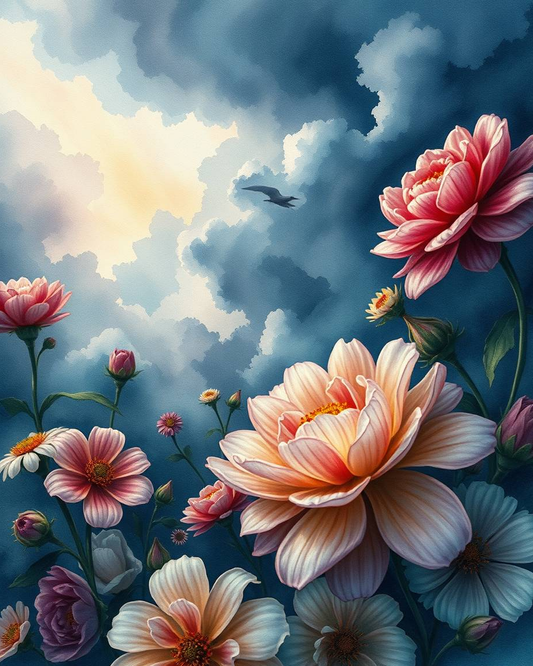 Colorful flowers with a bird flying in the sky