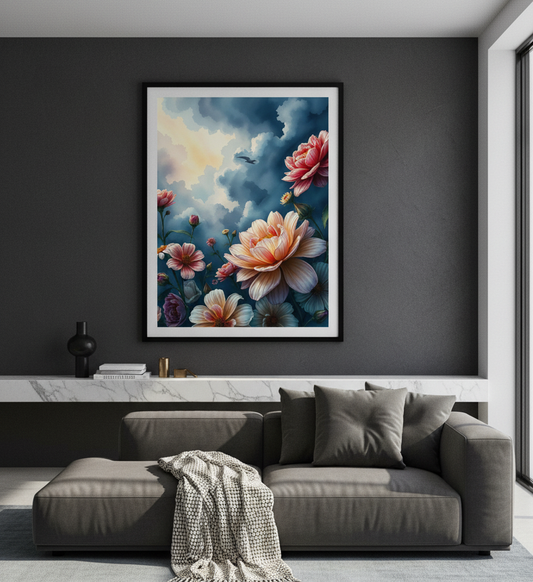 Floral painting on a dark wall above a gray sofa in a modern living room.