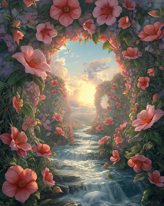 Floral arch over a stream with a sunset in the background