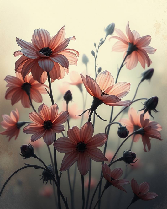 Artistic depiction of pink flowers with a soft, blurred background