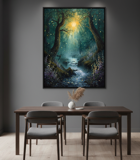 Dining room with a large framed artwork of a forest scene on the wall.