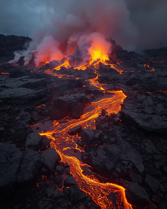 Lava flowing through a volcanic landscape with smoke and fire.