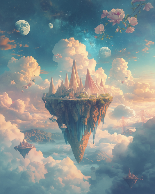 Floating island city in a fantasy setting with clouds and celestial bodies.