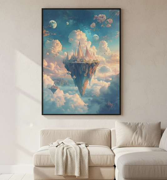 Framed artwork of a floating island in the clouds above a beige sofa.