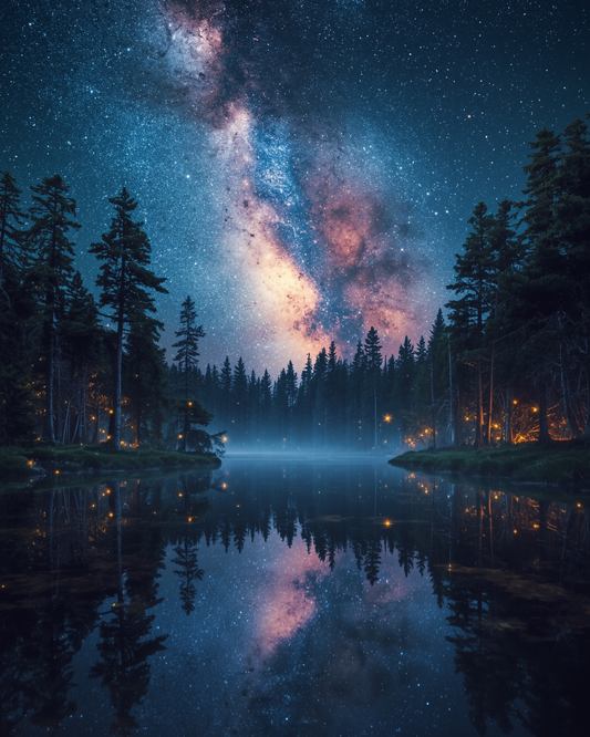 Starry night sky over a forest with a lake reflecting the Milky Way.
