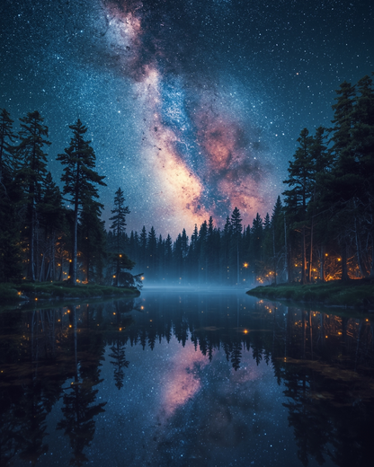 Starry night sky over a forest with a lake reflecting the Milky Way.