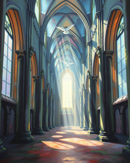 Stained glass windows in a cathedral with sunlight streaming through