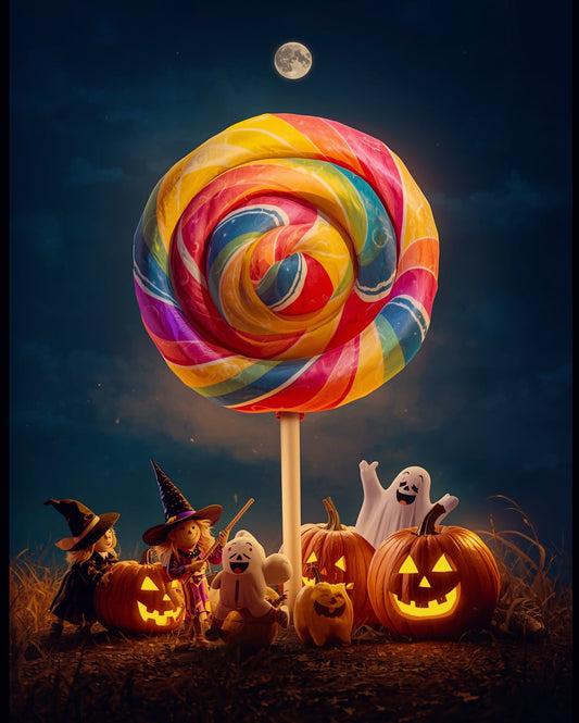 Halloween-themed scene with a giant lollipop, pumpkins, and ghost figures under a moonlit sky.