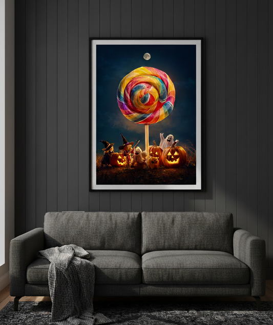 Halloween-themed artwork with a large lollipop and pumpkins on a dark wall above a gray sofa.