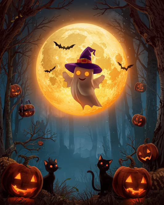 Halloween-themed illustration with a ghost, pumpkins, and cats in front of a full moon.