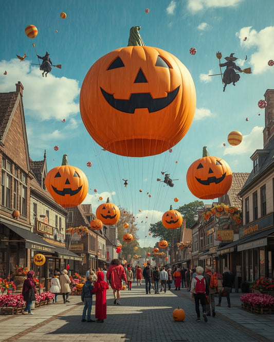 Halloween-themed street scene with large pumpkin balloons and people walking below.