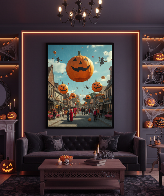 Living room decorated for Halloween with a large pumpkin painting on the wall.