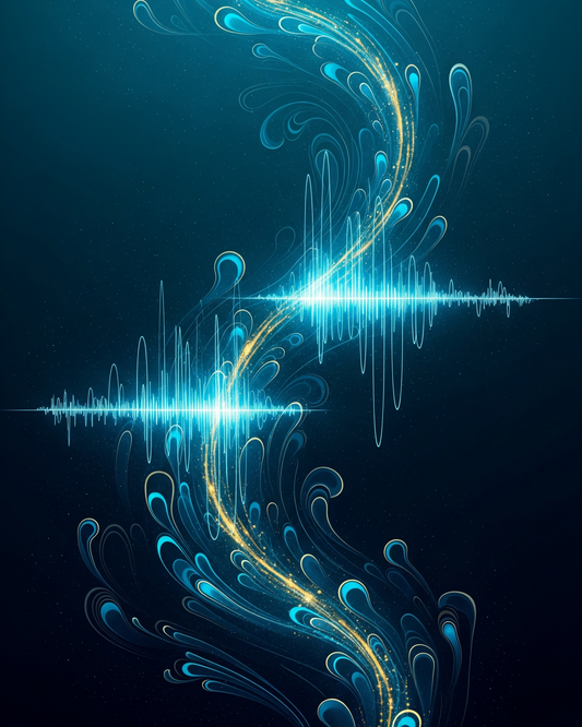 Elegant blue and gold sound wave design on a dark background