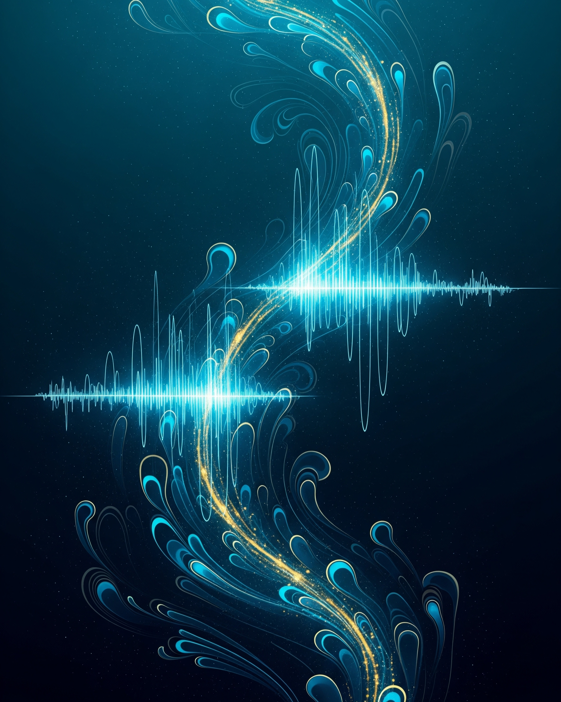 Elegant blue and gold sound wave design on a dark background