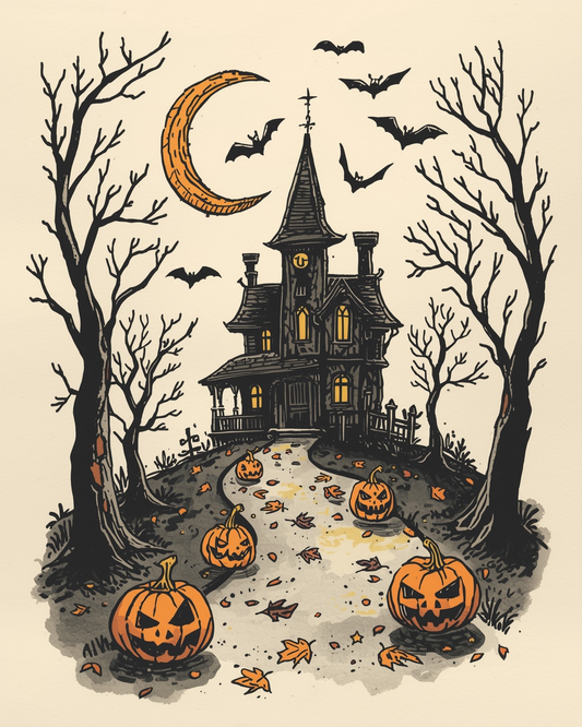 Halloween-themed illustration with a haunted house, pumpkins, and bats.
