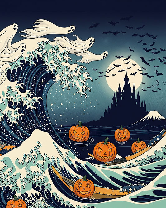 Halloween-themed artwork with pumpkins, ghosts, and a castle on a wave.