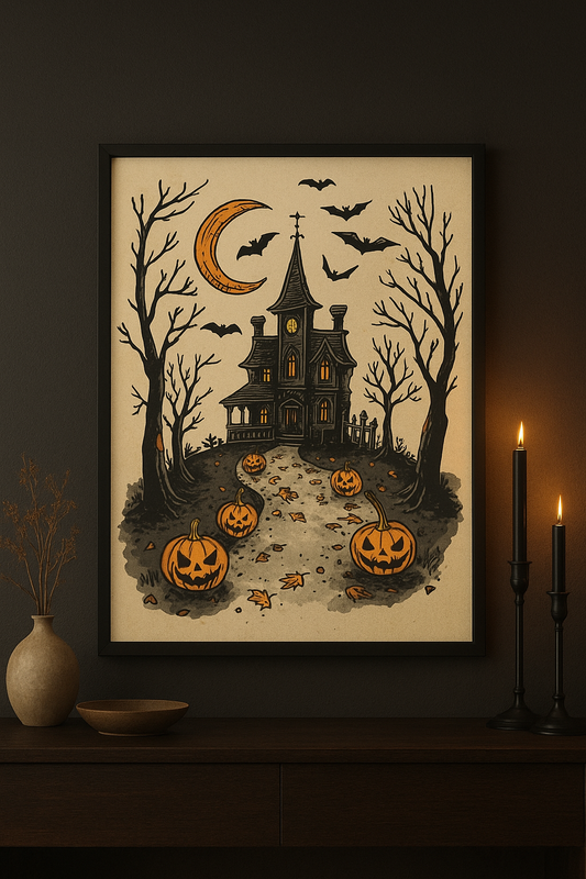 Halloween-themed framed artwork with pumpkins, bats, and a moon on a dark wall.