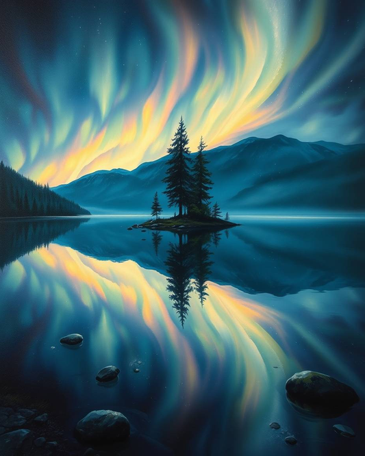 A serene landscape with a lake, trees, mountains, and a vibrant aurora borealis sky.