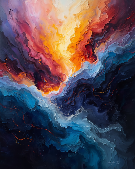 Abstract artwork with swirling colors of orange, red, blue, and purple.