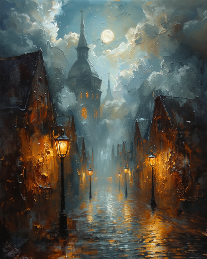 Moonlight & Lanterns - Impressionist Rainy Cityscape Art Print