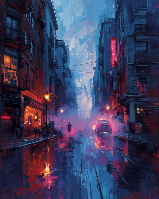 Futuristic city street with neon lights and reflective wet pavement