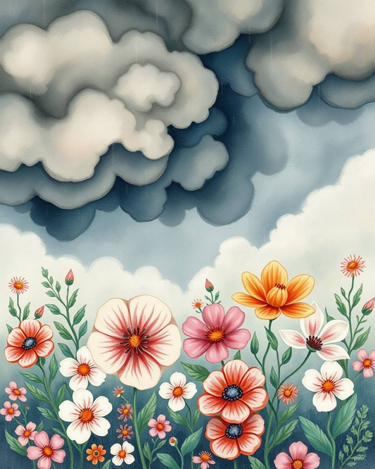 Colorful flowers with a cloudy sky background