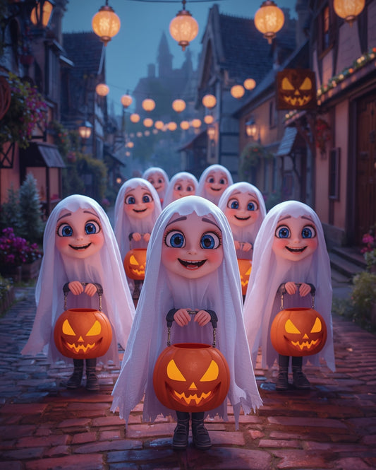 Animated ghosts with jack-o'-lanterns in a Halloween-themed village street.