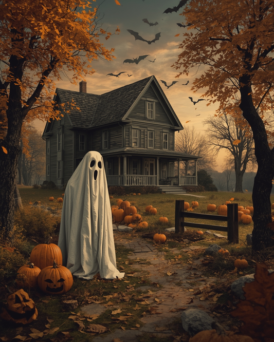 Spooky Farmhouse Ghost & Pumpkin Patch Art Print