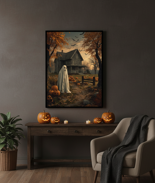 Framed artwork of a ghostly figure in a Halloween-themed room with pumpkins and candles.