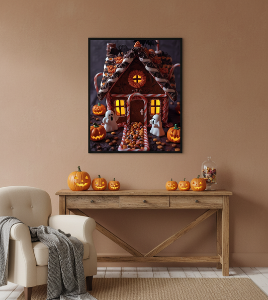 Halloween-themed wall art above a wooden console table with pumpkins.