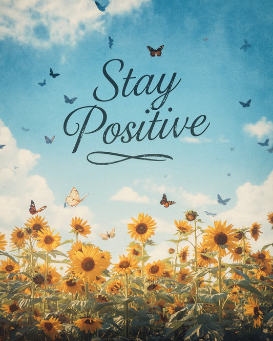 Sunflower field with butterflies and a clear blue sky, featuring the text 'Stay Positive'.