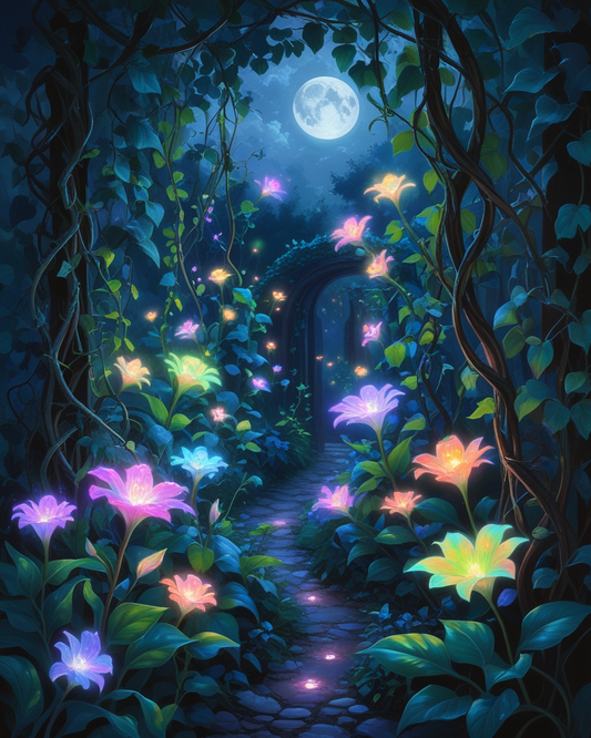 Fantasy forest scene with glowing flowers and a full moon