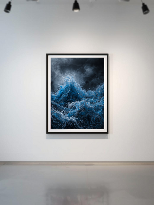 Framed artwork of a blue wave on a white wall with spotlights.