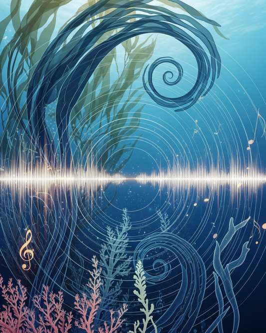 Underwater scene with sound wave and musical notes, featuring blue and green tones.