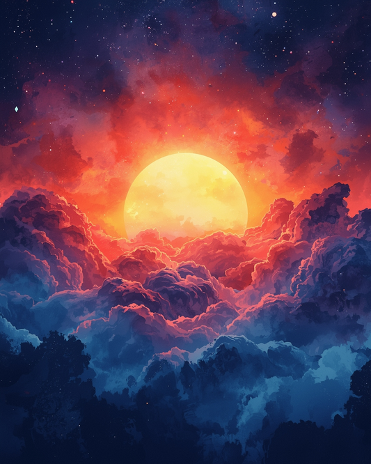 Sunset or sunrise over clouds with a vibrant orange and red sky.