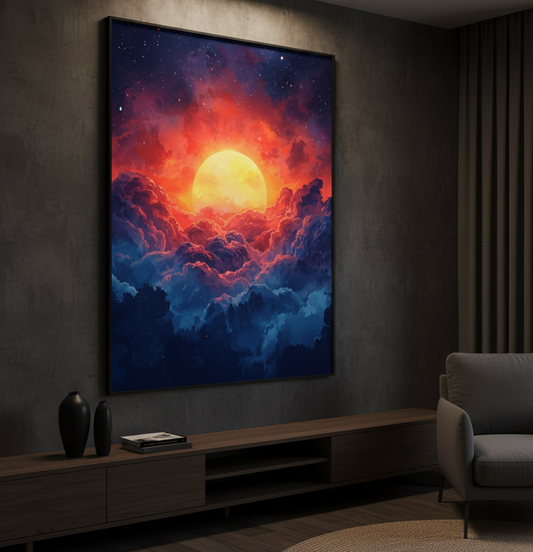Framed artwork of a vibrant celestial scene with a large moon and clouds in a modern living room.