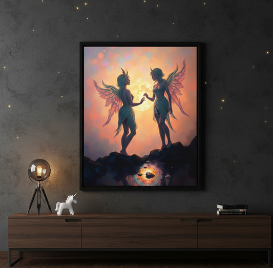 Framed artwork of two fairies holding hands against a sunset sky, displayed on a dark wall above a wooden cabinet.