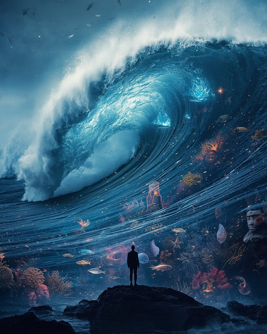 Person standing on a rock with a large wave and underwater scene in the background