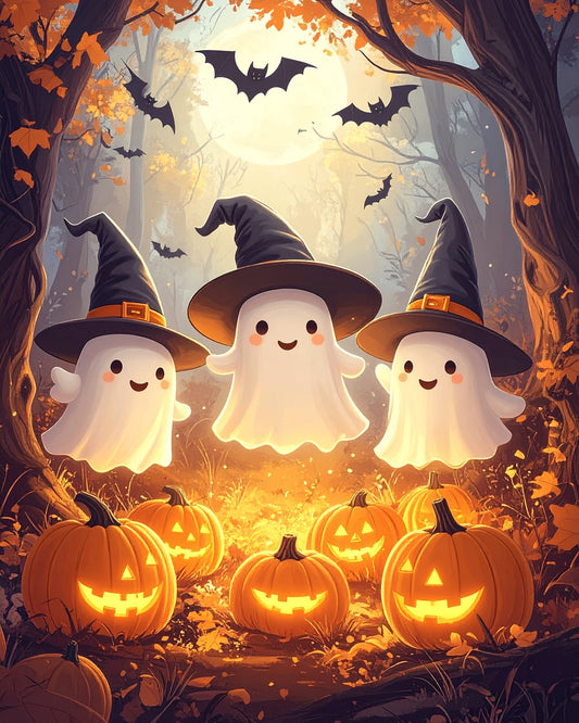 Three ghosts in witch hats surrounded by pumpkins and bats in a forest setting