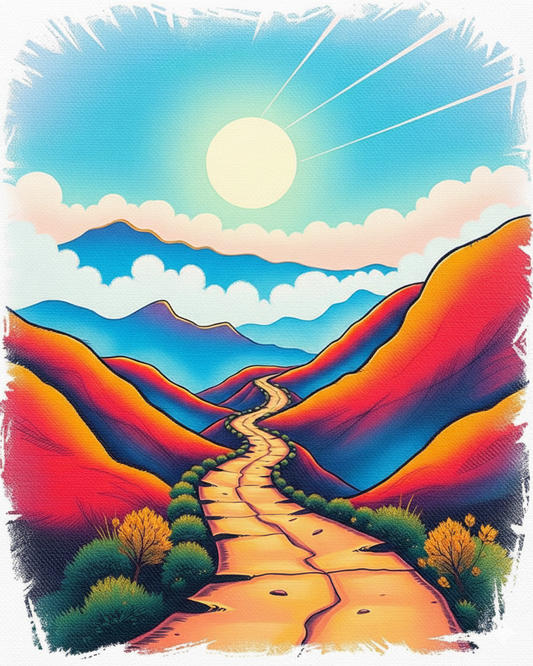 Colorful landscape with a winding path, mountains, and a bright sun.