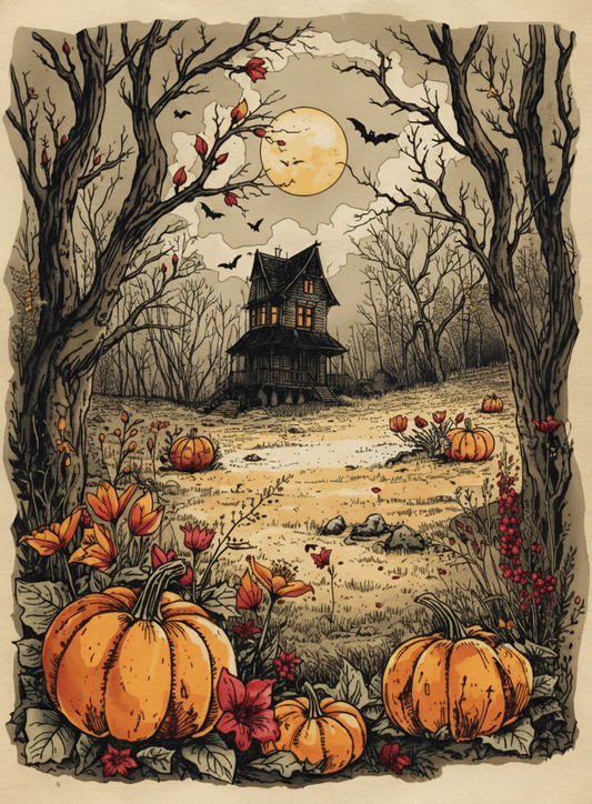 Spooky Halloween scene with pumpkins, a haunted house, and bats in a forest.